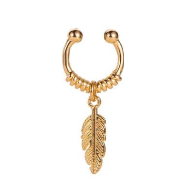 China Vintage Fashion Design New Gold Alloy Leaf Dangle Cuff Earrings Feather Ear Cuff Clip Earrings Women Punk Jewelry for sale