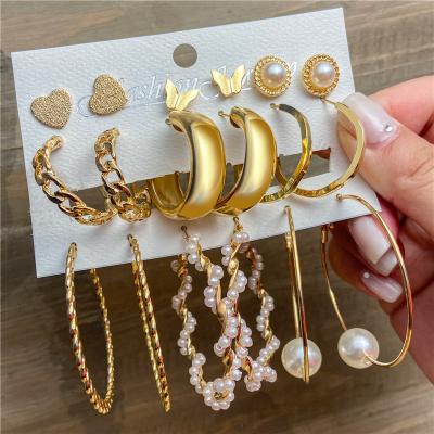 China New CLASSIC fashionable temperament pearl gold circle inlaid earring 6 pieces set accessories jewelry wholesale for sale