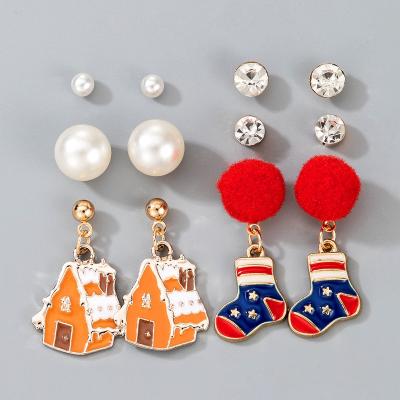 China Christmas CLASSIC Cute Elegant Personalized Socks Bead Diamond Earrings Set 6 Pairs Jewelry Wholesale for sale