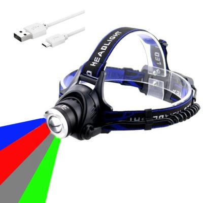 China Adjustable Angle Light Green Blue Red White Yellow Hunting Orange Camping RGB Led Sensor Head Zoom Torch USB Rechargeable UV Headlight for sale