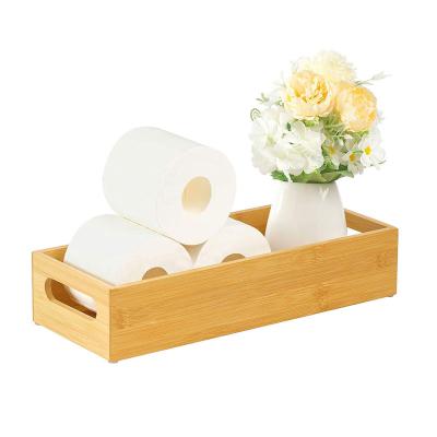 China Sustainable High End Bamboo Toilet Paper Tray Toilet Paper Storage Box With Handle Basket For Bathroom for sale