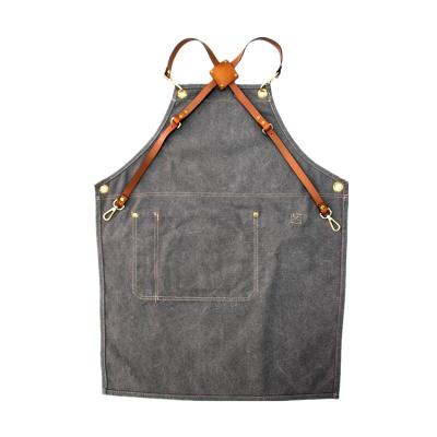 China Custom Made High Quality Waxed Drinks/Food Canvas Bartender Work Bar Apron With Leather Strap for sale