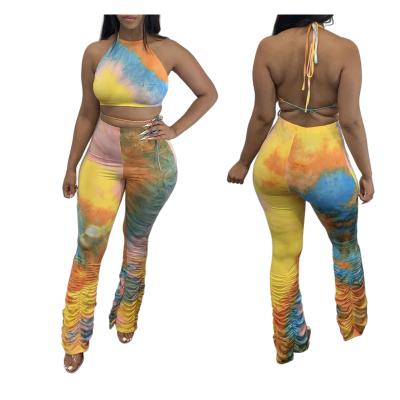 China QUICK DRY QUICK DRY Bend Halter Ladies Micro Horn Shine Rainbow Tie Dye Printing Two Piece Suit for sale