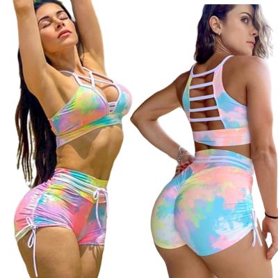 China Breathable Breathable Cavity Printed Short Sports Invest Lace Up Two Piece Hot Pants Yoga Suit for sale