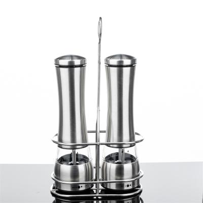 China 2pcs Stainless Steel Pepper Mill Salt Viable Spice Mills Electric Grinder Set With Stand Home Kitchen Tools for sale