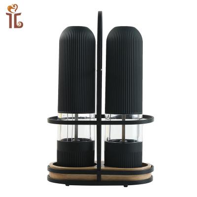 China 2022 Household Sustainable Popular Super Power Pepper Mill Set Plastic Electric Pepper&Salt Grinder Set With Black Stand for sale