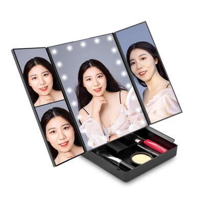 China Hot Selling Trifold Lighted Mirror with 22 LED Lights Make Up Mirror with Organizer Box Trifold Lighted Mirror for sale