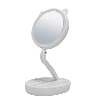 China Multifunctional Lighted Cat Ear Shape Double Size Mirror With LED Strip 1X/3X/5X Magnifying Mirror With Wireless Charger Function for sale