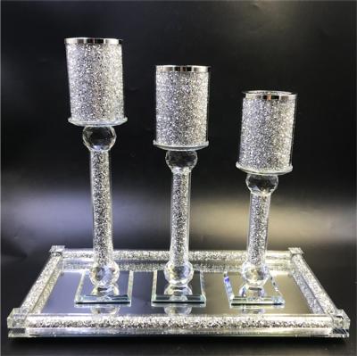 China Weddings factory supply crystal crushed diamond inside bling glass candlestick holders set with mirror tray for sale