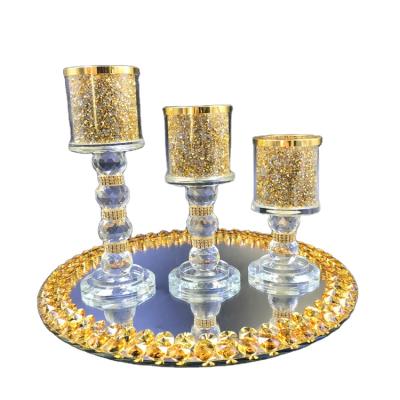 China Home Decoration Factory Supply Gold Crystal Diamond Crushed Inside Bling Glass Candle Holders And Dish for sale