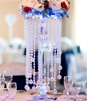 China Wedding Decoration Shiny Crystal Flower Stand Hanging Crystal Beads Wedding Table Centerpieces for sale