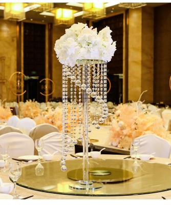 China Wedding Decoration Event Party Supplies, Romantic Wedding Crystal Table Centerpiece With Beads Hanging Crystal Flower Stand for sale