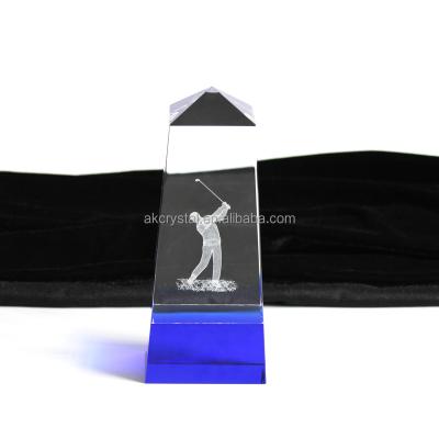 China Europe best selling golf theme award trophy cup, clear blue optical crystal k9 awards and trophies for sale