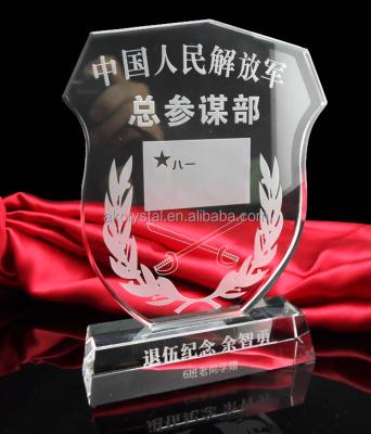 China Europe k9 crystal shield shape award plaque for excellent employee or team or military for sale