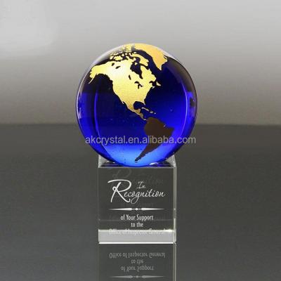 China Europe Design Business Cooperation Award Unique Design, Blue Glass Crystal Globe Ball Trophy Award for sale