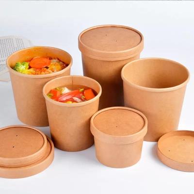 China 16oz Recyclable Logo Printing Disposable Kraft Paper Soup Snack Noodle Bowl Takeaway Packaging Cup With Paper Lid for sale