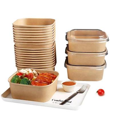 China Biodegradable Custom Printing Eco Square Kraft Paper PE Salad Bowl Disposable Single Brown Color 1400ml for sale