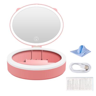 China Lighted Customs Lead Lighted 10x Mini Makeup Mirror Hand Held Fold Portable Pink Magnifying Makeup Mirror Small With Storage Organizer for sale