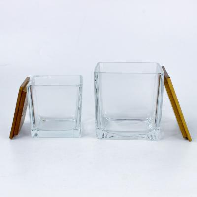 China Religious Activities Square Clear Glass Jar For Candle Making With Wooden Lid for sale