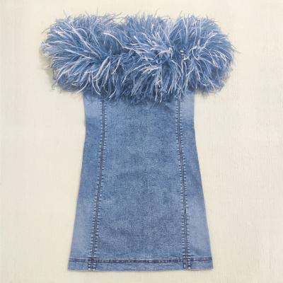 China Breathable Ostrich Hair Niche Dress Bag Hip Denim Hairy Blue Skirt Tube Top Skirt for sale