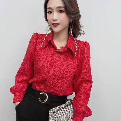 China Women's red shirts 2022 fashionable anti-pilling new style lantern sleeve office ladies casual streetwear shirts for sale