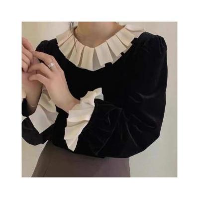 China Factory Price Anti-pilling Pleated Ruffle Neck Black Velvet Long Sleeve Shirt for sale