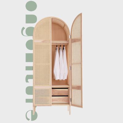 China Retro cane wardrobe (the other) rattan bedroom wardrobe organizer Nordic wooden rural style adjustable wardrobe for sale