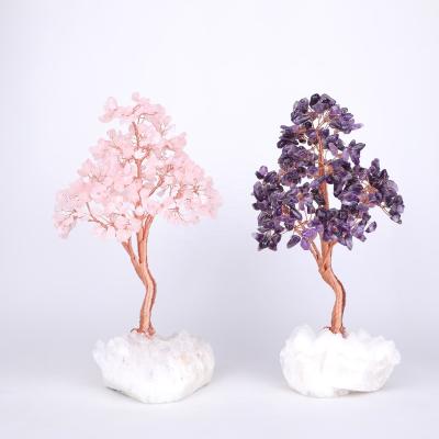 China China Real Stone Rose Quartz Yarn Crysta Handwoven Tree White Crystal Base Clusters Healing Crystal Tree for Gift for sale