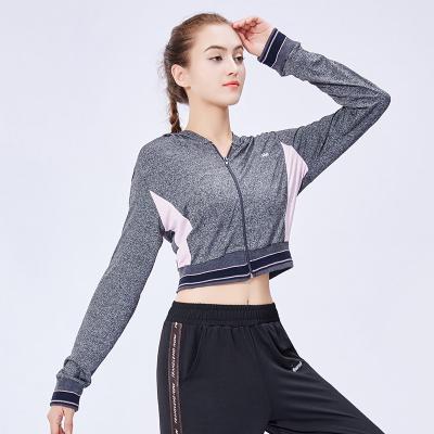 China New antibacterial spring sports and running fitness jacket women's long sleeve quick-drying top short zipper yoga hooded dress for sale