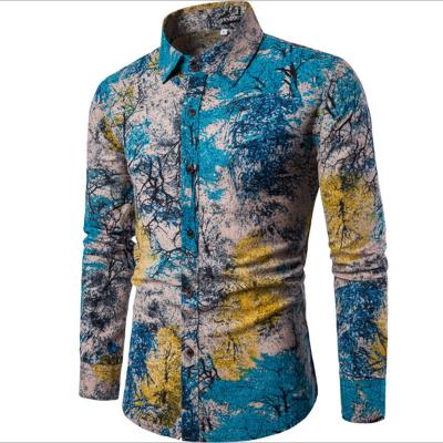 China Promotional Custom Anti-pilling Ethnic Floral Men's Hawaiian Long Sleeve Fashion Printed Shirt for sale