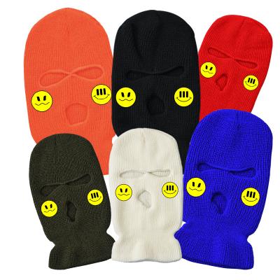 China COMMON Customized 3 Hole Full Face Cover Ski Knit Balaclava Hat Smiley Embroidered Logo for sale