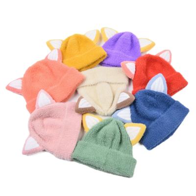 China Cute COMMON Candy Color Cat-ear Knitted Beanie Winter Baby Girl Hats Acrylic Knitted Beanie for sale