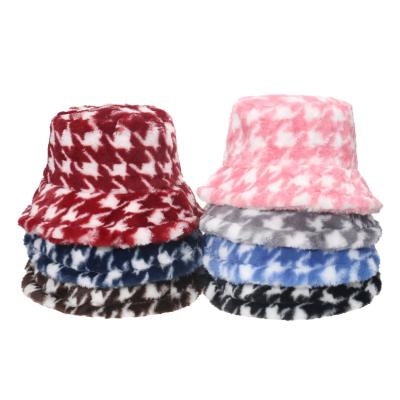 China COMMON Winter Comfortable Fluffy Hat Design Fashion Houndstooth Hat Outdoor Warm Bucket Hat for sale