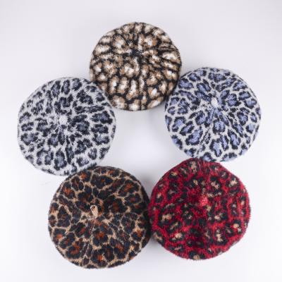 China Wholesale Comfortable Female French Vintage Winter Rabbit Fur Felt Leopard Angora Berets Brown for sale