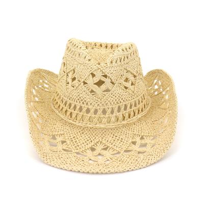 China Eco-Friendly Handmade Cavity Fedora Hat Western Panama Cowboy Straw Hat Outdoor Unisex Sun Straw Hat for sale