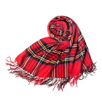 China Ladies Warm Acryl Scarf Soft Smooth Feeling Red Plaid Scarf With Tassel for sale