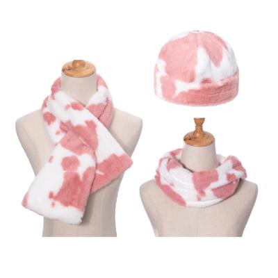 China Medium Winter Cow Print Hat Scarf Sets Cow Faux Rabbit Fur Tie Dye Outdoor Warm Scarf And Hat Set for sale