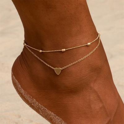 China Fashion Layered Anklets Heart Gold Ankle Bracelet Charm Beach Foot Jewelry For Women for sale