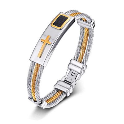 China Wholesale FASHIONABLE Three-rowl Wire Braided Leather Bracelet Stainless Steel Charm Chains Hand Shape Gold and Steel Bracelet for Men for sale