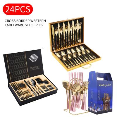 China 24pcs Stainless Steel Food Knife Fork Spoon Set Viable Hotel Dinnerware Set Western Dessert Gift Set Gold Cutlery Set with Gold Cutlery for sale