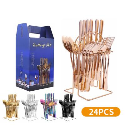 China Sustainable New Stainless Steel Dinnerware 24 Pieces Set Ceramic Handle Western Food Knife Fork Spoon Flatware Shelf Storage Dinnerware Sets for sale