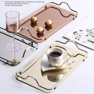 China Modern Circular Rectangular Mirror Tray With Handle For Home Pattern Stainless Steel Decorative Tray Metal Mirror Serving Tray Anti Slip for sale