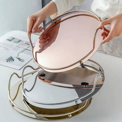 China Circular Round Modern Gold Silver Pattern Luxury Wine Serving Tray Mirror Decorative Tray With Handle For Hotel Cafe Restaurant for sale