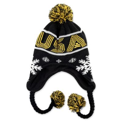 China COMMON Kids Custom Small Tassel Pom Pom Ear Flap Beanie With Striped Fleece for sale