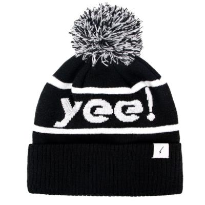 China Winter JOINT Wholesale Warm Patch Acrylic Custom Flip Hat Black Jacquard Knitted Pom Pom Beanie for sale