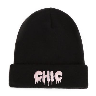 China COMMON Adult Winter Unisex Black Custom Embroidery Knit Beanies Hat for sale