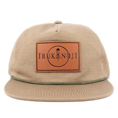 China JOINT Khaki Cotton 5 Panel Unstructured Custom Rope Snapback Hat With Leather Patch for sale