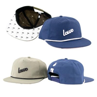 China 5 Panel Mens Womens Snapback Hat Unstructured Nylon Rope Custom Snapbacks With 3d Embroidery for sale