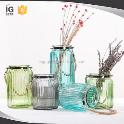 China Home Decoration Round Glass Candle Holder With Rope Handle, Rope Handle Glass Lantern for sale