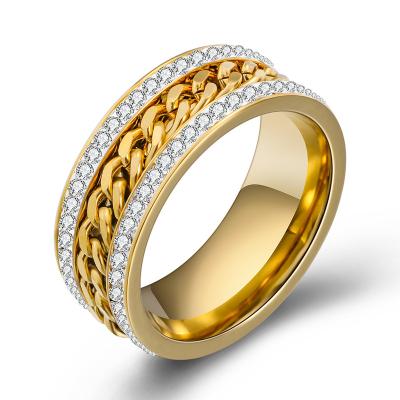 China TRENDY New European and American fashion personality two rows of diamond gold twist chain stainless steel titanium ring for sale